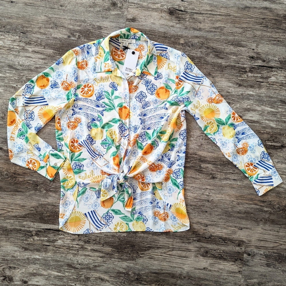 Rose + Olive - Blouse Button Up Long Sleeve Tie Front Citrus & Flowers Boho
